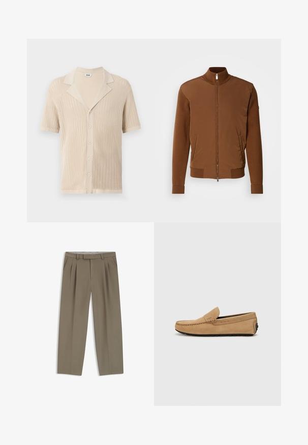 Brun bomberjacka med en slät tygframsida, ribbstickade ärmar och krage, med två sidfickor och dragkedjestängning framtill.; Beige stickad kortärmad skjorta med krage, subtil ribbad textur och fem knappar framtill.; Kaki plisserade byxor med sidfickor, bälteshällor och rakt ben, uppvisade liggande på en vit bakgrund.; Beige mockasiner i mocka med sydd tå, slip-on design och svart gummisula. Har subtil varumärkning på sidan.