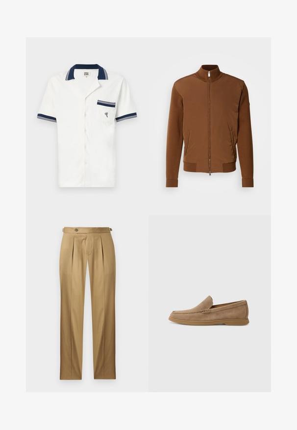 Rjava bomberska jakna z gladkim sprednjim delom, rebrastimi pleteninami na rokavih in ovratniku, dvema stranskima žepoma ter zadrgo spredaj.; Kratka belina majica s ovratnikom s kratkim rukavima, s mornarskoplavim prugama na ovratniku i manžetama, s prsnom džepom s emblemom srca. Teksturirana tkanina.; Bež hlače s pravim krojem, z naborki, zapiranjem na gumb in zankami za pas. Gladek material s čistim, krojenim videzom.; Rjave semiš slip-on loafers z gladko teksturo in šivanim detajlom; vključujejo gumijast podplat za oprijem.