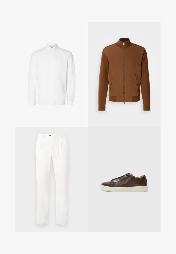 Brązowa kurtka bombka z gładkim materiałem z przodu, prążkowanymi rękawami i kołnierzem, dwiema bocznymi kieszeniami oraz zapięciem na zamek błyskawiczny z przodu.; Biała, długa koszula z długim rękawem z lnu, z kołnierzykiem zapinanym na guziki, guzikami z przodu oraz luźnym krojem i prostymi mankietami.; Białe spodnie z płaskim przodem, dwiema zakładkami i zapięciem na guzik. Wykonane z lekkiego materiału, z prostymi nogawkami i podwiniętymi mankietami.; Brązowe skórzane trampki z zaokrąglonym noskiem, kontrastującą białą gumową podeszwą, stębnowanymi akcentami i bez widocznych sznurówek. Gładka tekstura ogólna.