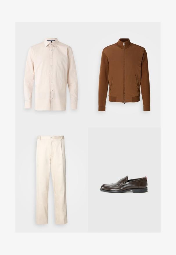 Hnědá bomber bunda s hladkým předním dílem, žebrovanými pletenými rukávy a límcem, dvěma bočními kapsami a zipem na přední části.; Svetle béžová košile na knoflíky, dlouhé rukávy, klasický límec, hladká tkanina, bílé knoflíky, vzorovaný detail na vnitřním límci.; Bežové bavlněné kalhoty se střihy rovného nohavice, s knoflíkovým zapínáním a záhyby vpředu pro zvýraznění detailu.; Hnědé kožené mokasíny s hladkým povrchem, kulatou špičkou, dekorativním prošíváním a kontrastním červeným akcentem na patě. Gumová podrážka.
