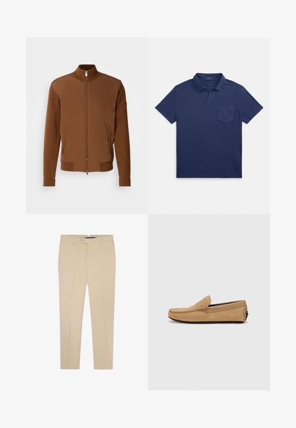 Brązowa kurtka bombka z gładkim materiałem z przodu, prążkowanymi rękawami i kołnierzem, dwiema bocznymi kieszeniami oraz zapięciem na zamek błyskawiczny z przodu.; Granatowa koszulka polo z bawełny, z kołnierzykiem na składanie, krótkimi rękawami oraz kieszonką na piersi z małym logo.; Beżowe spodnie o prostym kroju, z zapięciem na guzik, szlufkami na pasek oraz dwiema przednimi kieszeniami. Materiał bawełniany o gładkiej strukturze.; Beżowe zamszowe mokasyny z przeszytym noskiem, slip-on, z czarną gumową podeszwą. Posiada delikatne logo po boku.