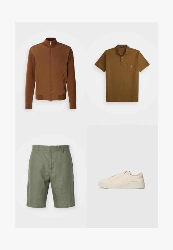 Burgundijas bomberis ar gludu auduma priekšpusi, ribotām adītām piedurknēm un apkakli, divām sānu kabatām un rāvējslēdzēja priekšējo aizdari.; Brūns polo krekls, kas izgatavots no kokvilnas, ar apkakli, diviem pogu slēgumiem un kreisajā krūšu kabatā ar izšuvumu. Īsas piedurknes.; NN.07 CROWN - Šorti - khaki; Bežīga ādas kedas ar noapaļotu purngalu, minimālistisku dizainu, smalkiem stīgām un teksturētu virsmu uz gaišas zoles.