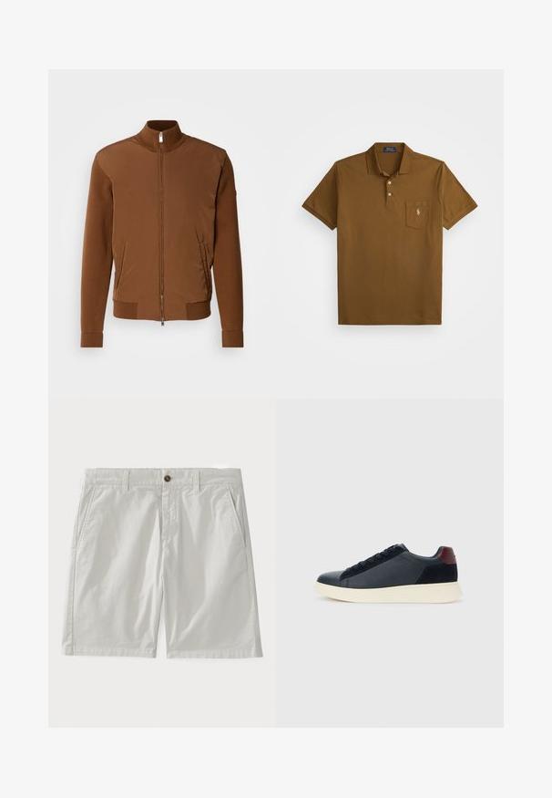 Hnědá bomber bunda s hladkým předním dílem, žebrovanými pletenými rukávy a límcem, dvěma bočními kapsami a zipem na přední části.; Hnědé polo tričko vyrobené z bavlny s límečkem, dvouknoflíkovou légou a kapsou na levé straně hrudi s výšivkou loga. Krátké rukávy.; Bílé bavlněné šortky s knoflíkovým zapínáním, páskovými očky a bočními kapsami. Tkanina vypadá hladce s klasickým, střiženým designem.; Nízké pánské tenisky z černé kůže a semiše s vínovým patním páskem a bílou gumovou podrážkou, pohled z vnější strany.