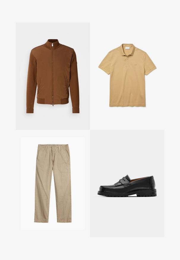Brun bomberjacka med en slät tygframsida, ribbstickade ärmar och krage, med två sidfickor och dragkedjestängning framtill.; Lacoste beige polo-shirt i bomull. Den har en ribbad krage, en tre-knappluck och en ton-i-ton broderad logotyp på bröstet.; Beige rak ben chinos med bälteshällor, framknapp och dragkedja, samt snedställda framfickor.; Svarta läderloafers har en upphöjd söm, två dekorativa remmar på ovansidan och en tjock texturerad sula för ökat grepp.