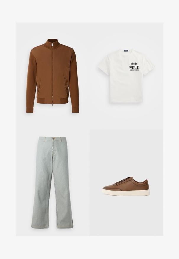 Rjava bomberska jakna z gladkim sprednjim delom, rebrastimi pleteninami na rokavih in ovratniku, dvema stranskima žepoma ter zadrgo spredaj.; Bela bombažna majica s krožnim vratom, na kateri je črn logotip "Polo Motorsport" in križani šahovnicasti zastavi na levem prsnem delu.; Protični široki hlače v modri in beli barvi, ki imajo gumb zapiranje, zanke za pas, vidno šivanje in sproščen kroj.; Rjavi usnjeni športni copat s gladko površino, zavezovanje s vezalkami in kontrastno off-white gumijasto podplato. Minimalno blagovno znamčenje na strani.