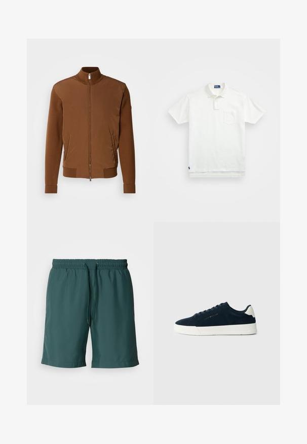 Veste bombardier marron avec un devant en tissu lisse, des manches et un col en tricot côtelé, deux poches latérales et une fermeture éclair sur le devant.; Polo shirt blanc en coton, avec un col classique, une patte de boutonnage à trois boutons et une poche sur la poitrine à gauche ; petit logo en bas.; Shorts verts légers avec une taille élastique et un cordon de serrage, présentant une texture lisse et des poches latérales pour plus de commodité.; Sneaker en daim navy avec semelle en caoutchouc blanc, bout arrondi et languette de talon contrastante ; présente des lacets ton sur ton et un détail de logo sur le côté.