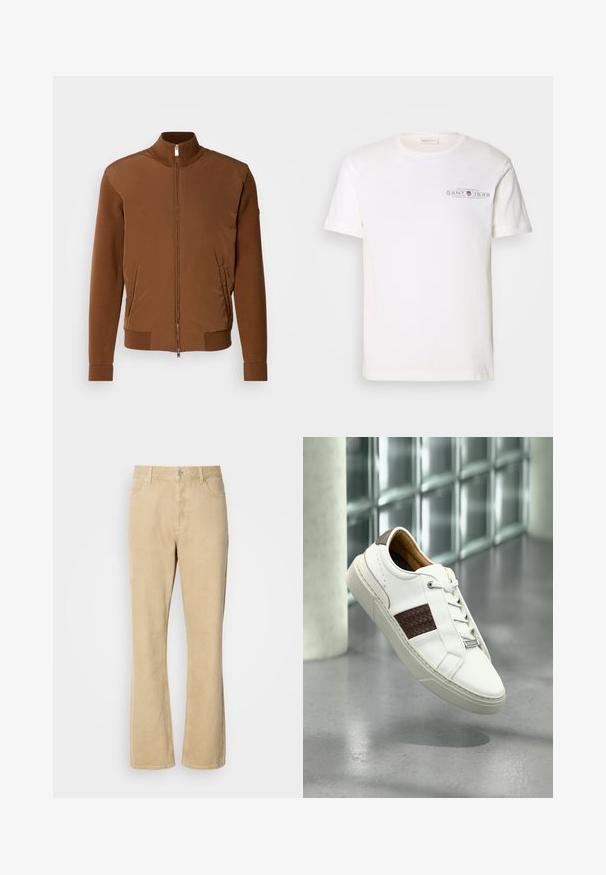 Giacca bomber marrone con una parte anteriore in tessuto liscio, maniche e colletto in maglia a coste, dotata di due tasche laterali e chiusura con zip.; T-shirt bianco in cotone con collo rotondo, maniche corte e logo stampato. Presenta un design minimalista e una vestibilità rilassata.; Pantaloni a zampa d'elefante in corduroy beige con chiusura a bottone e cerniera, dotati di cinque tasche e cuciture visibili lungo le gambe. Texture liscia.; Sneaker in pelle bianca con un dettaglio intrecciato marrone, caratterizzata da lacci rotondi, suola in gomma testurizzata e elementi di design minimalisti.