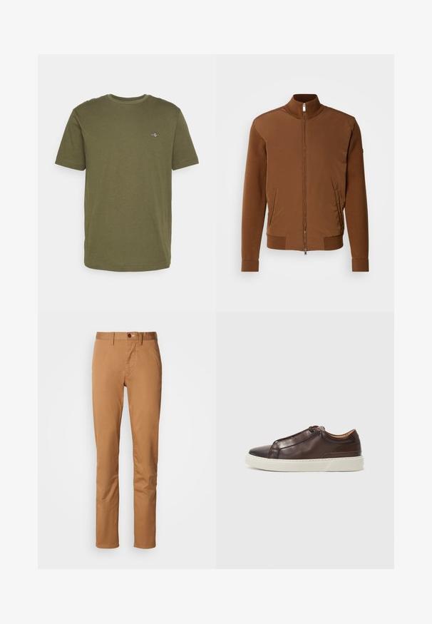 Smeđa bomber jakna s glatkim prednjim dijelom, rebrastim pletenim rukavima i ovratnikom, s dva bočna džepa i patentnim zatvaračem sprijeda.; Maslinasto zelena pamučna majica s kratkim rukavima, okruglim dekolteom i malim izvezenim logotipom na grudima. Glatka tekstura, ležeran dizajn.; Uske tijesne khaki hlače s dugmetom i zatvaranjem na patent, petljama za remen i bočnim džepovima protiv bijele pozadine.; Smeđe kožne tenisice s okruglim vrhom, kontrastnom bijelom gumenom potplatom, prošivenim detaljima i bez vidljivih vezica. Sveukupno glatka tekstura.