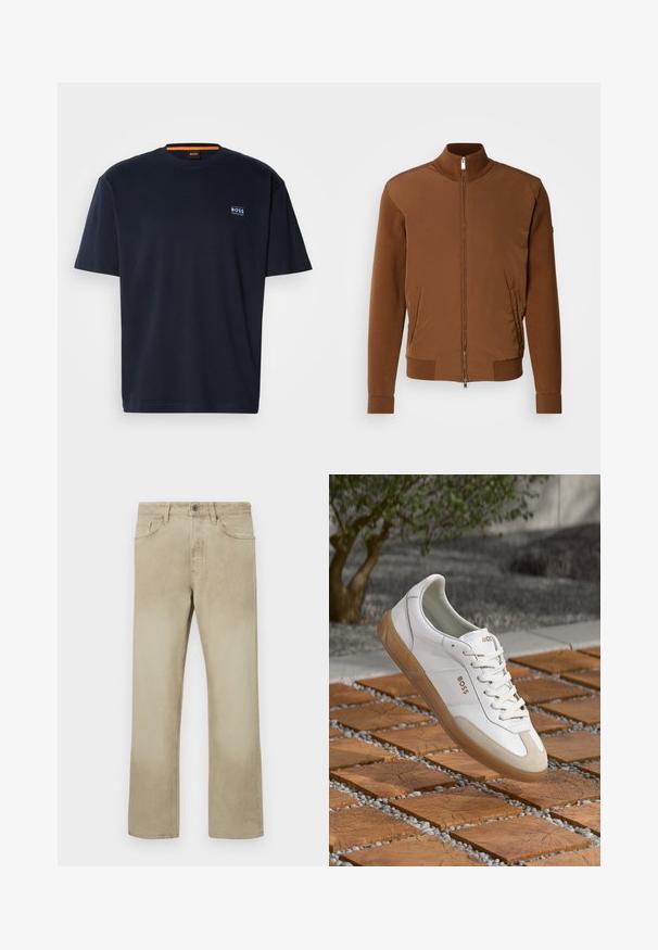Hnědá bomber bunda s hladkým předním dílem, žebrovanými pletenými rukávy a límcem, dvěma bočními kapsami a zipem na přední části.; Námorně modré bavlněné tričko s kulatým výstřihem. Na hrudi má malé logo a kontrastní oranžový akcent kolem výstřihu. Krátké rukávy.; Béžové bavlněné kalhoty se rovnými nohavicemi, vybavené předními kapsami a klasickým zapínáním na knoflík. Hladký povrch s jemným vymýváním.; Bílé kožené tenisky s béžovými semišovými detaily, s kulatou špičkou, šněrovacím předním dílem a hnědou gumovou podrážkou, zobrazující jméno značky "BOSS."