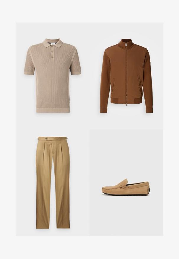 Brązowa kurtka bombka z gładkim materiałem z przodu, prążkowanymi rękawami i kołnierzem, dwiema bocznymi kieszeniami oraz zapięciem na zamek błyskawiczny z przodu.; Beżowa polo koszulka z krótkim rękawem o prążkowanej strukturze, z zapięciem na trzy guziki i teksturowanym wzorem, wykonana z miękkiego materiału.; Beżowe spodnie o prostym kroju, z zakładkami, zapięciem na guzik i szlufkami na pasek. Gładka tkanina o czystym, dopasowanym wyglądzie.; Beżowe zamszowe mokasyny z przeszytym noskiem, slip-on, z czarną gumową podeszwą. Posiada delikatne logo po boku.
