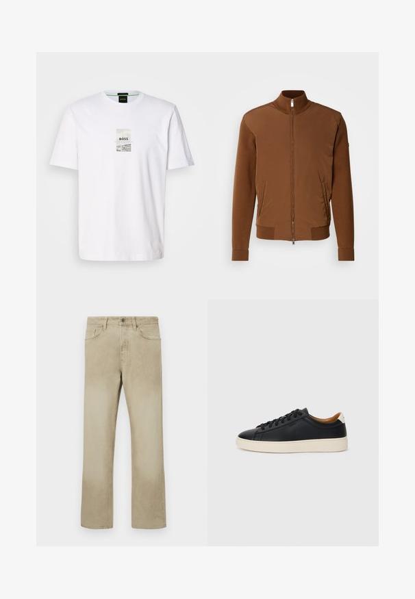 Rudas bombonešinis švarkas su lygiu audiniu priekyje, raštuotomis megztinėmis rankovėmis ir apykakle, dviem šoninėm kišenėm bei užtrauktuku priekyje.; Baltos medvilnės marškinėliai su stačiakampiu grafiniu piešiniu, kuriame yra užrašas "BOSS," mėlyna linija ir monochrominė nuotrauka. Trumpomis rankovėmis ir apvalia kaklo iškirpte.; Kreminių medvilninių kelnių su tiesia kojų forma, sukišamais priekiniais kišenėmis ir klasikiniais mygtukais. Lygus audinys su švelniu blukimu.; Juodos odinės sportbačiai su lygiu paviršiumi, smėlio spalvos guminis padas, raišteliais užsegama konstrukcija ir kontrastingas kulno akcentas.