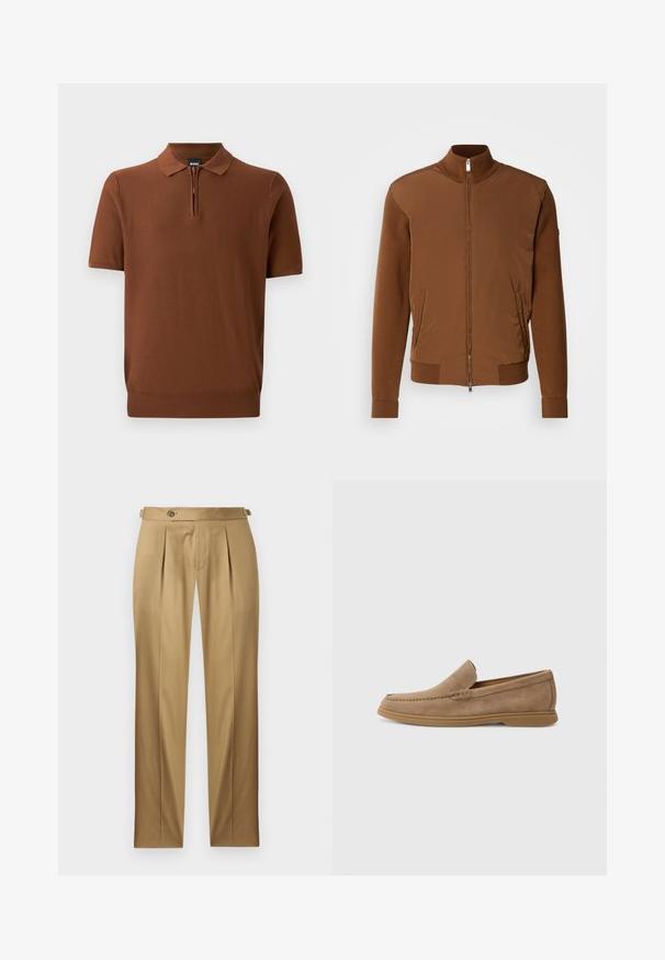 Brun bomberjakke med en glatt stofffront, ribbestrikkede ermer og krage, to sidelommer og glidelås foran.; Brun kortermet polo skjorte laget av glatt strikket materiale med glidelås foran og klassisk krage. Har en tettsittende nederkant.; Beige bukser med rett passform, med folder, knappestenging og beltehemper. Glatt stoff med et rent, skreddersydd utseende.; Brune semskede slip-on loafers med en glat tekstur og stikninger; har en gummisål for trækkraft.