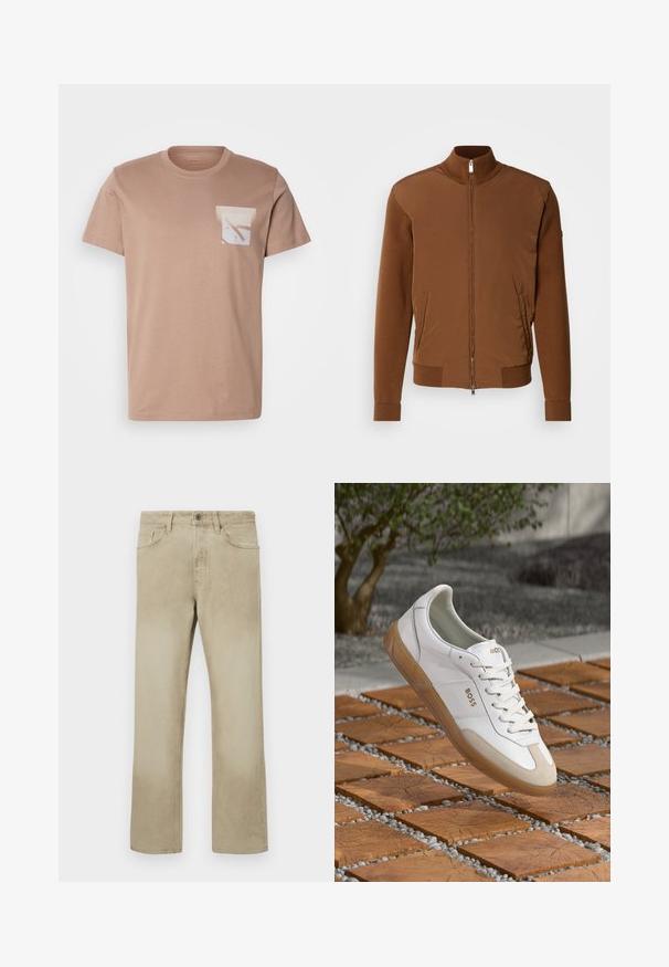 Rjava bomberska jakna z gladkim sprednjim delom, rebrastimi pleteninami na rokavih in ovratniku, dvema stranskima žepoma ter zadrgo spredaj.; Bež T-maica s kratkimi rokavi iz bombaža, z belim žepom, ki prikazuje abstraktne oblike v mehkih barvah, okroglim ovratnikom in standardnim krojem.; Bež hlače iz bombaža s ravnim krojem, ki imajo sprednje žepke in klasično gumbno zapiranje. Gladka tekstura z rahlim bledenjem.; Bela usnjena tenisačka obutev z bež semišnimi dodatki, zaokroženim nosom, vezanjem na sprednji strani in rjavim gumijastim podplatom, na katerem je prikazano ime blagovne znamke "BOSS."