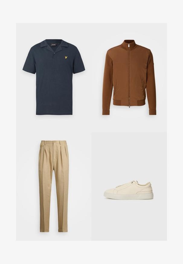 Hnědá bomber bunda s hladkým předním dílem, žebrovanými pletenými rukávy a límcem, dvěma bočními kapsami a zipem na přední části.; Tmavě námořnická modrá polokošile s krátkým rukávem vyrobená z měkké látky, s klasickým límečkem a malým zlatým vyšívaným logem na hrudi.; Béžové lněné kalhoty rovného střihu, s dvěma předními sklady, zapínáním na knoflík a bočními kapsami. Strukturovaná tkanina s hladkým povrchem.; Krémové kožené tenisky s kulatou špičkou, minimalistickým designem, jemnými švy a texturovaným svrškem, na světlé podrážce.