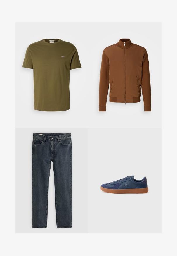 Burgundijas bomberis ar gludu auduma priekšpusi, ribotām adītām piedurknēm un apkakli, divām sānu kabatām un rāvējslēdzēja priekšējo aizdari.; Olive krāsas īsām piedurknēm T-krekls izgatavots no kokvilnas, ar apaļu kakla izgriezumu un mazu izšūtu logotipu uz krūšu daļas. Gluda tekstūra.; Tumši zili džinsi ar taisnu kāju dizainu, pieci kabatas un pogu aizdare. Audums rāda vieglu izbalēšanu un faktūru.; Tumši zili sporta apavi, kas izgatavoti no ādas un zamša, ar gumijas zoli, noapaļotu purngalu un aukliņu aizdari, ar zīmola detalizējumu sānos.