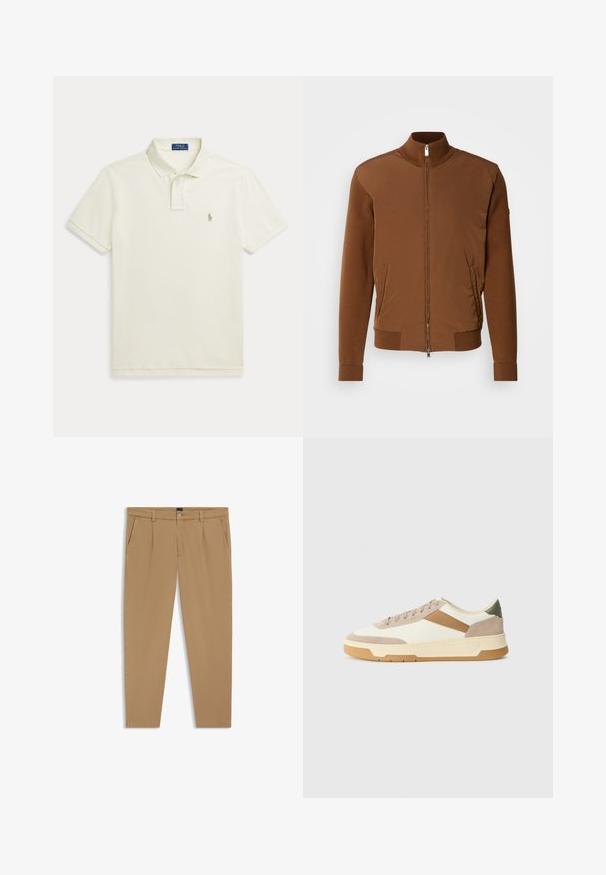 Brun bomberjacka med en slät tygframsida, ribbstickade ärmar och krage, med två sidfickor och dragkedjestängning framtill.; Kortärmad pikétröja i off-white bomull, med en klassisk krage, tvåknapps placket och liten broderad logotyp på bröstet.; Beige byxor med en slät textur, rak passform, framfickor och knappstängning i midjan.; Sneakers i beige, kräm och olivgrön, med material av mocka och läder, rund tå, minimalistisk design och gummisula.