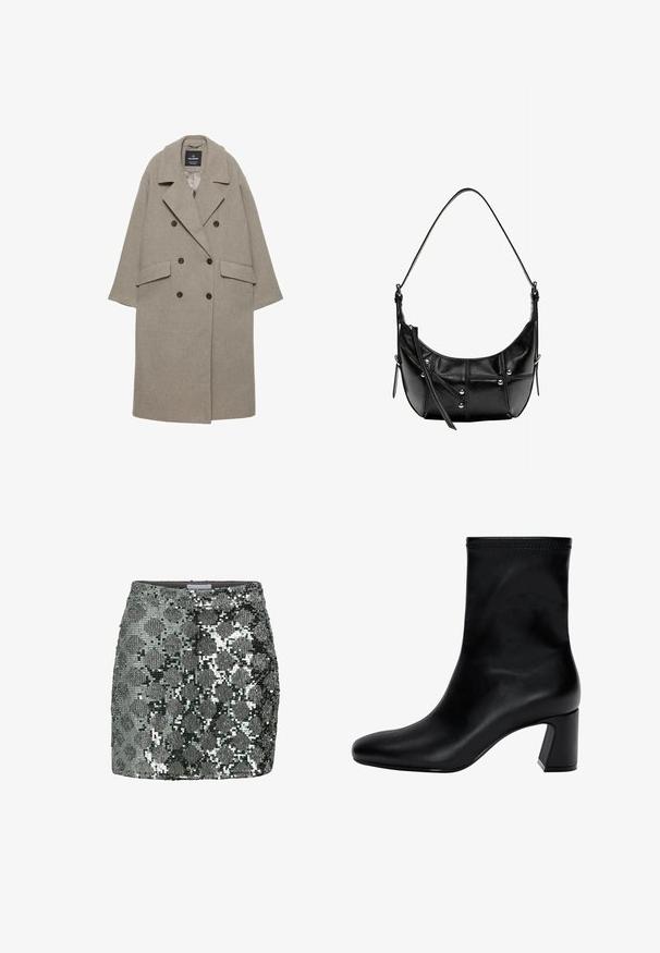 Szary dwurzędowy płaszcz wykonany z wełnianej mieszanki, z dużymi klapami, dwoma przednimi kieszeniami i sześcioma czarnymi guzikami z przodu.; Jasnoniebieski sweter z miękkiego materiału, z okrągłym dekoltem, długimi rękawami oraz ściągaczami u mankietów i na dole. Gładka tekstura, casualowy design.; Metaliczna szara mini spódnica pokryta błyszczącymi cekinami, z geometrycznym wzorem i dopasowanym krojem. Gładka tekstura z pasem w talii.; Czarny botek na kostkę wykonany z gładkiej skóry. Posiada kwadratowy czubek, elastyczny górny brzeg oraz masywny obcas zapewniający stabilność. Minimalistyczny design.; Czarna skórzana torba na ramię o zaokrąglonym kształcie, zdobiona srebrnymi ćwiekami i detalami ściegów. Regulowany pasek zapewniający wszechstronność.