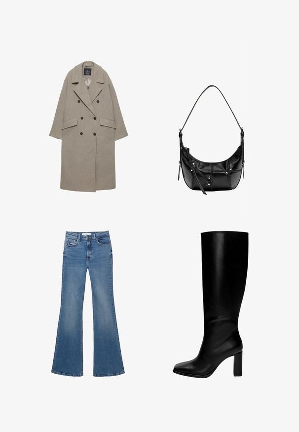 Harmaa kaksirivinen takki villasekoitteesta, jossa on suuret läpät, kaksi etutaskua ja kuusi mustaa nappia edessä.; Vaaleansininen neulepaita pehmeästä kankaasta, jossa on pyöreä kaula-aukko, pitkät hihat sekä ribbaavat hihansuut ja helma. Sujuva rakenne, rento muotoilu.; Siniset farkut, joissa on leveä lahje, etu- ja takataskut, vyölenkit ja nappisulku, asetettuna tasaisesti valkoiselle taustalle.; Mustat polviin saakka ulottuvat nahkasaappaat, joissa on neliönmuotoinen kärki ja jykevällä korko. Sileä pinta, tiukka muotoilu, eikä näkyviä koristeita tai kuvioita.; Mustakalla nahkainen olkalaukku kaarevalla muotoilulla, jossa on hopeisia niittejä ja ompelutarkkuutta. Säädettävä hihna monipuolisuutta varten.