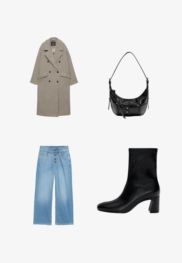 Grå dubbelknäppt kappa i en ullblandning, med stora slag, två framfickor och sex svarta knappar på framsidan.; Ljust blå tröja i mjukt tyg, med rund hals, långa ärmar samt ribbade manschetter och nederkant. Slät textur, avslappnad design.; Ljust blå vida jeans i denim, med hög midja, femknappslås framtill och två framfickor. Slät textur genom hela byxorna.; Svart ankelsko i slät läder. Har en fyrkantig tå, elastisk överdel och en kraftig klack för stabilitet. Minimalistisk design.; Svart läder axelväska med en böjd form, prydd med silverfärgade nitar och sömdetaljer. Justerbar rem för mångsidighet.