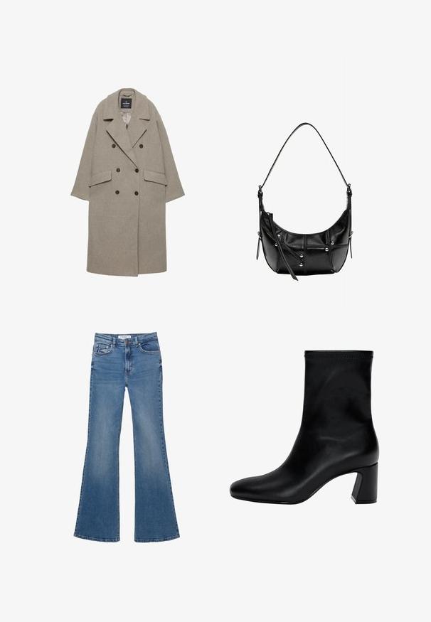 Siv plašč s dvojno zapenjanjem, izdelan iz volnene mešanice, z velikimi reverji, dvema sprednjima žepoma in šestimi črnimi gumbi spredaj.; Svetlo modra pulover iz mehkega materiala, z okroglo ovratnikom, dolgimi rokavi ter rebrastimi manšetami in robom. Gladka tekstura, sproščen oblikovanje.; Modri jeans s širokimi hlačnicami, s sprednjimi in zadnjimi žepi, petimi pasnimi zankami in gumbom za zapiranje, položeni na belo podlago.; Črne gležnjarje iz gladke usnjene obutve. Imajo kvadratni nos, elastičen vrh in široko peto za stabilnost. Minimalističen dizajn.; Črna usnjena torba za ramo s krivuljasto obliko, okrašena z srebrnimi žebljički in šivi. Nastavljiv trak za prilagodljivost.