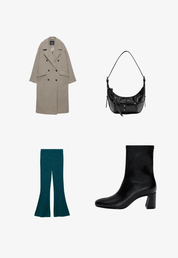 Szary dwurzędowy płaszcz wykonany z wełnianej mieszanki, z dużymi klapami, dwoma przednimi kieszeniami i sześcioma czarnymi guzikami z przodu.; Jasnoniebieski sweter z miękkiego materiału, z okrągłym dekoltem, długimi rękawami oraz ściągaczami u mankietów i na dole. Gładka tekstura, casualowy design.; Zielone spodnie z szerokimi nogawkami, wykonane z miękkiego, teksturowanego materiału, z dopasowanym pasem w talii i dzwonowatym krojem, zapewniającym luźny fason.; Czarny botek na kostkę wykonany z gładkiej skóry. Posiada kwadratowy czubek, elastyczny górny brzeg oraz masywny obcas zapewniający stabilność. Minimalistyczny design.; Czarna skórzana torba na ramię o zaokrąglonym kształcie, zdobiona srebrnymi ćwiekami i detalami ściegów. Regulowany pasek zapewniający wszechstronność.