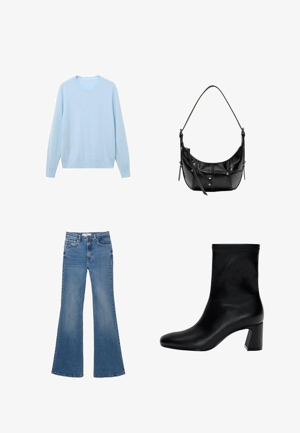 Harmaa kaksirivinen takki villasekoitteesta, jossa on suuret läpät, kaksi etutaskua ja kuusi mustaa nappia edessä.; Vaaleansininen neulepaita pehmeästä kankaasta, jossa on pyöreä kaula-aukko, pitkät hihat sekä ribbaavat hihansuut ja helma. Sujuva rakenne, rento muotoilu.; Siniset farkut, joissa on leveä lahje, etu- ja takataskut, vyölenkit ja nappisulku, asetettuna tasaisesti valkoiselle taustalle.; Musta nilkkuri, joka on valmistettu sileästä nahasta. Varustettu neliömäisellä kärjellä, joustavalla yläpäällä ja paksulla korolla vakauden vuoksi. Minimalistinen muotoilu.; Mustakalla nahkainen olkalaukku kaarevalla muotoilulla, jossa on hopeisia niittejä ja ompelutarkkuutta. Säädettävä hihna monipuolisuutta varten.