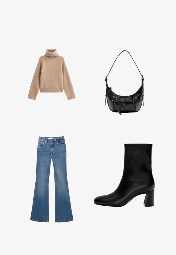 Gray double-breasted coat made of wool blend, featuring large lapels, two front pockets, and six black buttons on the front.; Beige turtleneck sweater made of soft fabric. Features ribbed texture on sleeves and hem, with a relaxed silhouette and drop shoulders.; Blue denim flared jeans with front and back pockets, belt loops, and button closure, laid flat on a white background.; Black ankle boot made of smooth leather. Features a square toe, elasticated top, and a chunky heel for stability. Minimalist design.; Black leather shoulder bag with a curved shape, featuring silver studs and stitch detailing. Adjustable strap for versatility.