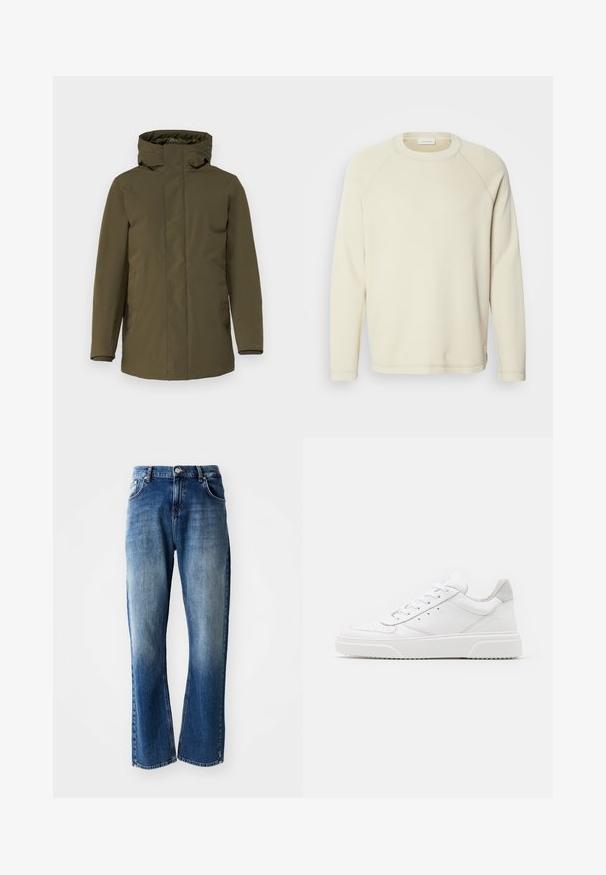 Olivengrønn parka-jakke, vanntett stoff, glidelås-lukking, justerbar hette, lange ermer og sidelommer. Jevn tekstur, minimalistisk design.; Lys beige langermet genser med ribbet tekstur, rund hals og raglanermer. Subtil sømdetalj langs sømmene.; Dongeribukser med rette bein, lys og mørk blåvask med falming, fem lommer og knappelukking.; Hvite skinnsko med en glat overflate, rund tå, flate lisser og teksturert såle. Grå semsket innfelt ved hælen.