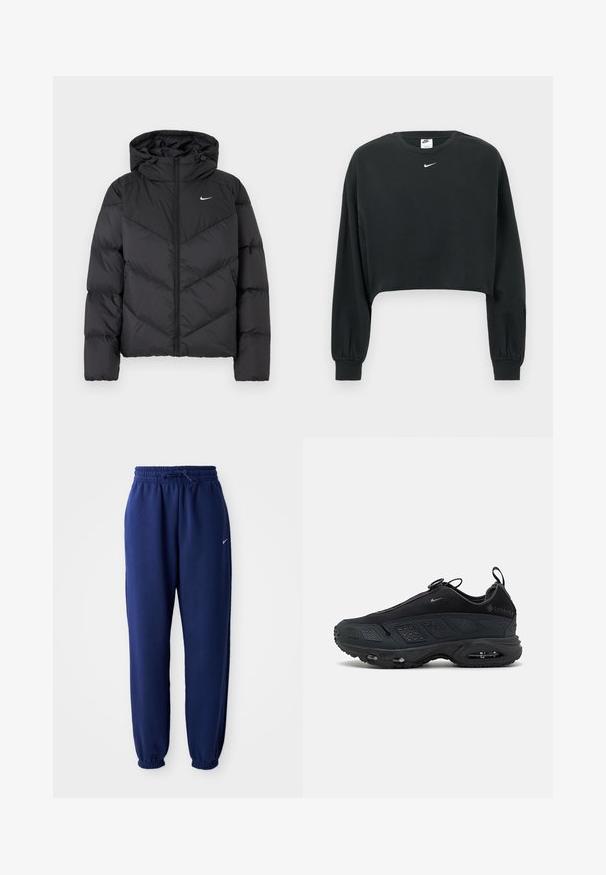 Crni puffer kaput s patentnim zatvaračem i kapuljačom. Chevron uzorak na tijelu, s malim bijelim logotipom na prsima. Glatka tekstura.; Crna skraćena majica dugih rukava od pamučne mješavine, s rebrastim manšetama i malim bijelim Nike logotipom na prsima.; Mornarsko plave trenirke od mekog materijala, s elastičnom strukom i vezicom, elastičnim rukavima i malim bijelim logotipom.; Crne tenisice s teksturiranim mrežastim gornjim dijelom, gumenenim potplatom i vidljivim zračnim jastučićem. Sadrže trake i perforirane detalje za prozračnost.