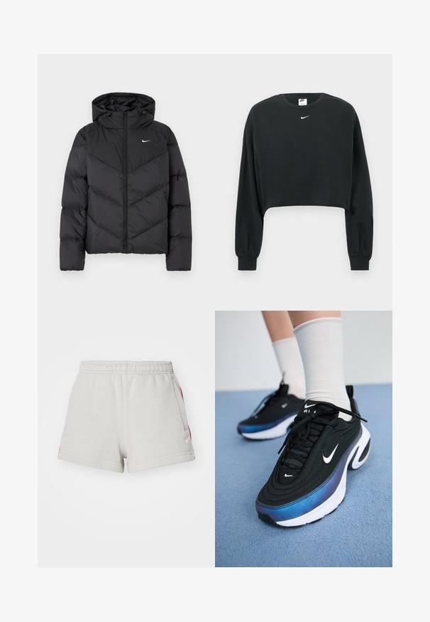 Černá péřová bunda s zipovým zapínáním a kapucí. Chevron vzor na těle, s malým bílým logem na hrudi. Hladká textura.; Černá zkrácená mikina z bavlněné směsi s dlouhými rukávy, žebrovanými manžetami a malým bílým logem Nike na hrudi.; Šedé bavlněné šortky s pružným pasem na šňůrku, bočními kapsami a červenými akcenty. Na dolní levé straně se nachází malé bílé logo.; Černé tenisky Nike s hladkým textilním svrškem, s přechodem barev od modré k černé, bílou podešví a výraznými akcenty loga.