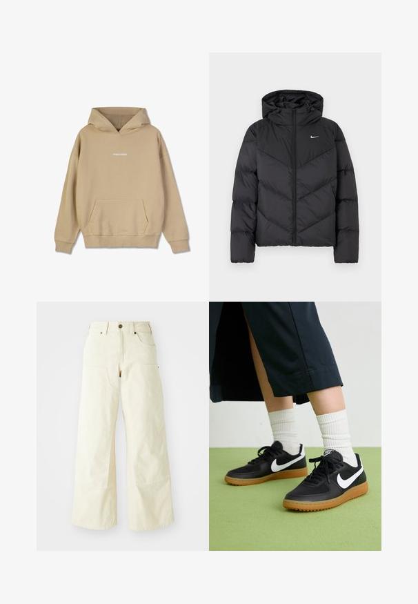 Black puffer jacket featuring a zip closure and a hood. Chevron pattern on the body, with a small white logo on the chest. Smooth texture.; Beige hooded sweatshirt made of cotton-like material. Features a front kangaroo pocket and white "PEGADOR" logo on the chest.; Beige wide-leg pants made of cotton, featuring a high waist, large front pockets, and a smooth texture with minimal stitching detail.; Black leather and synthetic sneakers with white Nike swoosh, rubber gum sole, round toe, and black laces. Ribbed white socks visible.