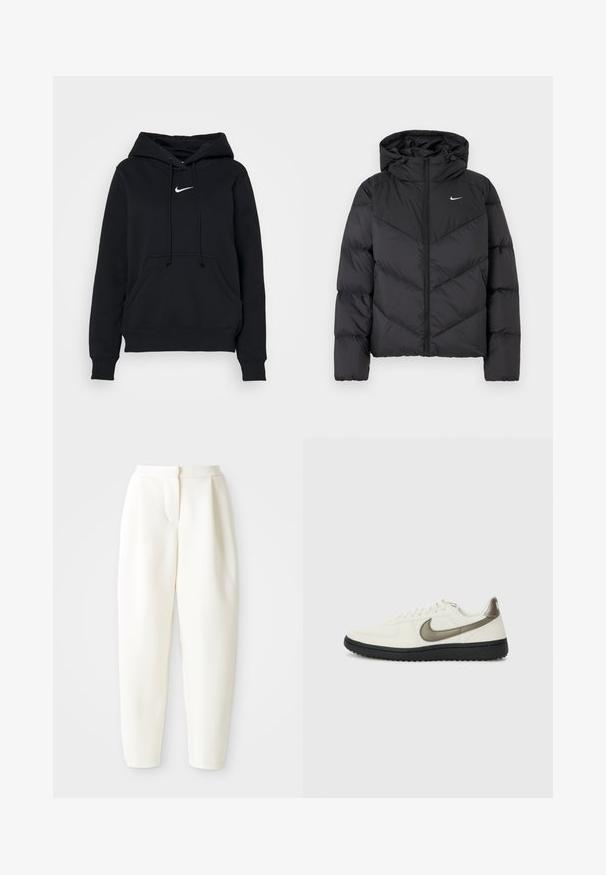 Melna pūka jaka ar rāvējslēdzēju un kapuci. Ķermeņa daļā ir chevron raksts, ar mazu baltu logo uz krūtīm. Gluda tekstūra.; Nike Sportswear HOODIE - Džemperis ar kapuci - black; Augstas jostas līnijas, sašaurināti balti bikses ar slēptu priekšējo aizdari un sānu kabatām, attēloti uz vienkrāsaina balta fona.; Nike Sportswear FIELD GENERAL - Treniņu apavi - off-white/black