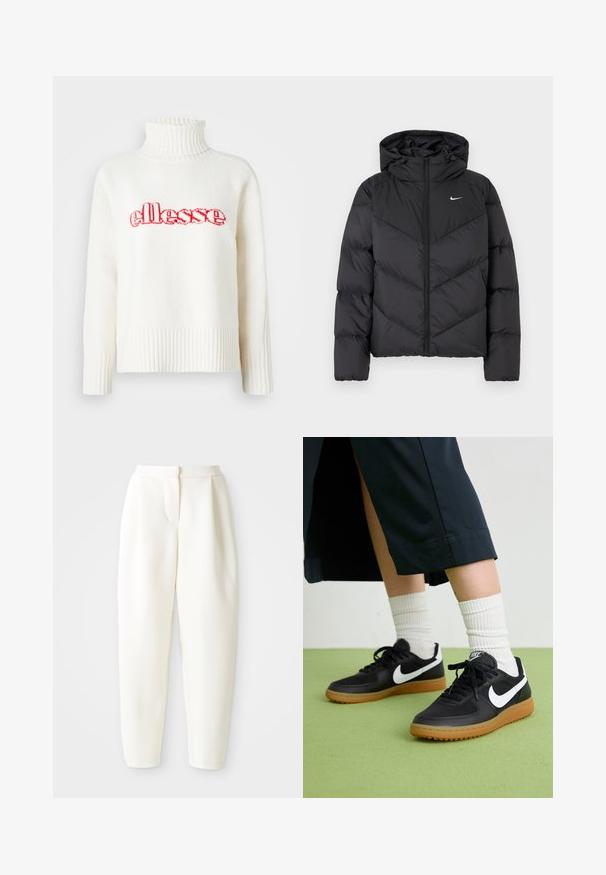 Crni puffer kaput s patentnim zatvaračem i kapuljačom. Chevron uzorak na tijelu, s malim bijelim logotipom na prsima. Glatka tekstura.; Bijela pletena pulover s visokim rebrastim ovratnikom, sa crvenim izvezenim "ellesse" logotipom na prsima. Dugi rukavi s rebrastim manžetama.; Bijele hlače visokog struka sužene kroja s skrivenim prednjim kopčanjem i bočnim džepovima, prikazane na jednostavnoj bijeloj pozadini.; Crne kožne i sintetičke tenisice s bijelim Nike swooshom, gumeni potplat, okrugli vrh i crne vezice. Vidljive rebraste bijele čarape.