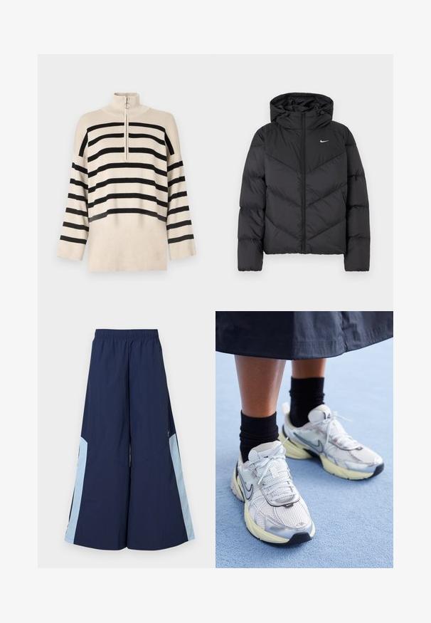 Doudoune noire avec fermeture éclair et capuche. Motif en chevrons sur le corps, avec un petit logo blanc sur la poitrine. Texture lisse.; Pull beige avec des rayures noires horizontales, col montant et fermeture zippée à un quart. Fabriqué en matière tricotée avec des manches amples.; Pantalons larges navy avec une taille élastique, dotés de panneaux latéraux bleu clair et d'une texture lisse. Conçus pour le confort et la liberté de mouvement.; Baskets Nike blanches et argentées avec tissu en maille, accents réfléchissants et semelle beige. Portées avec des chaussettes noires, se tenant sur une surface bleue.
