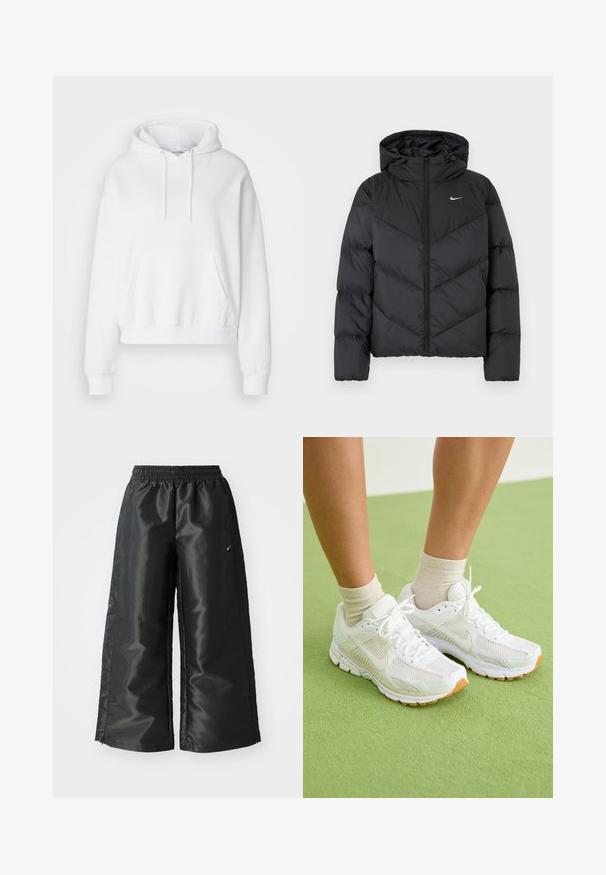 Giubbotto puffer nero con chiusura a zip e cappuccio. Motivo a chevron sul corpo, con un piccolo logo bianco sul petto. Texture liscia.; Felpa bianca con cappuccio, dotata di tasca frontale, polsini e orlo a coste. Tessuto morbido e vestibilità rilassata, con cordini sul cappuccio.; Pantaloni sportivi neri con un tessuto lucido e morbido, dotati di una vita elasticizzata, gambe larghe e un piccolo logo sul lato sinistro.; Scarpe sportive bianche con tessuto a rete, suole in gomma e dettagli beige. Indossate con calze chiare su una superficie verde.