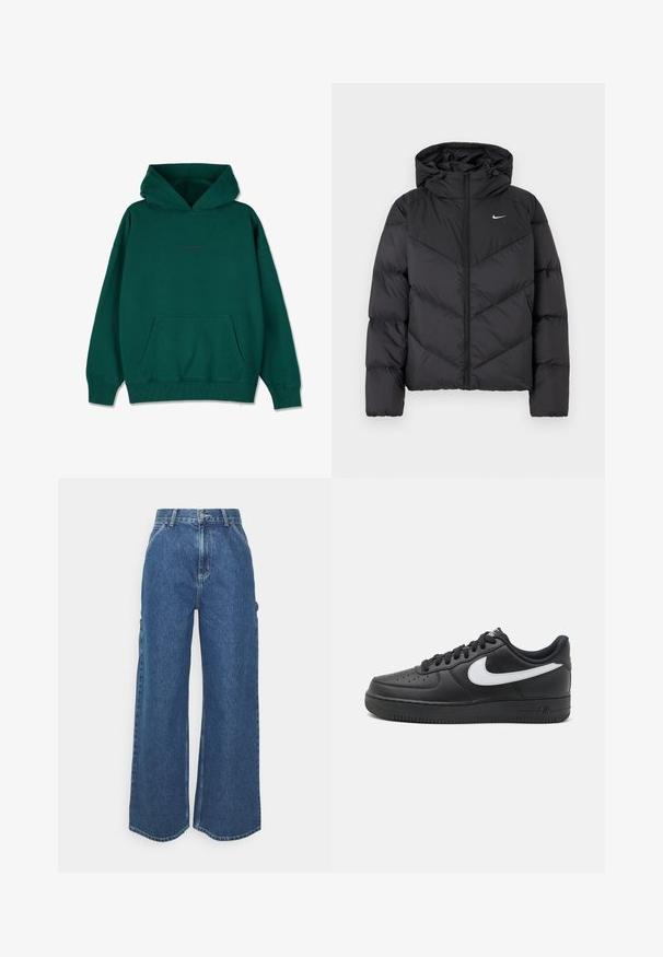 Svart pufferjakke med glidelås og hette. Chevron-mønster på kroppen, med en liten hvit logo på brystet. Glatt tekstur.; Grønn hettegenser laget av bomullsblanding, med en frontlomme, ribbede mansjetter, og en avslappet passform. Subtilt logo på brystet.; Videbeinete blå denimbukser med høy midje, kontraststing, og sidelommer, med et klassisk fem-lommers design og rå kanter.; Svarte Nike Air Force 1-sneakers med overdel i glatt lær, hvit logoaccent, perforert tå og teksturert gummisåle.