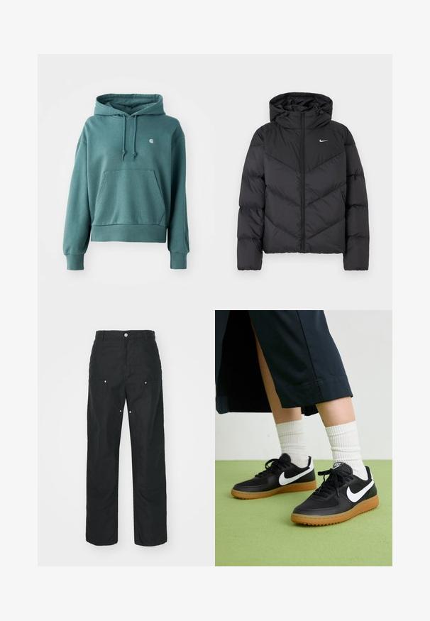 Črna puhovka z zadrgo in kapuco. Chevron vzorec na telesu, z majhnim belim logotipom na prsih. Gladka tekstura.; Turkizna kapuca pulover iz mehkega blaga, z kenguru žepom, elastičnimi manšetami in majhnim logotipom na prsih.; Črne hlače ravnega kroja, izdelane iz teksturirane tkanine. Opremljene so z dekorativnim srebrnim okovjem in edinstvenimi detajli šivov.; Črne usnjene in sintetične superge z belim Nike swooshom, gumo na podplatu, okroglo konico ter črnimi vezalkami. Vidne so rebraste bele nogavice.