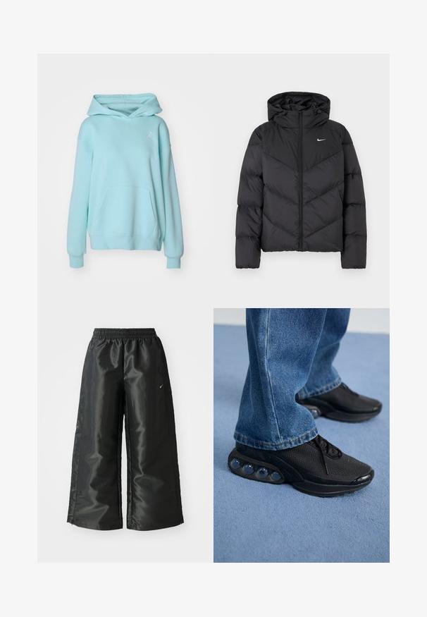 Giubbotto puffer nero con chiusura a zip e cappuccio. Motivo a chevron sul corpo, con un piccolo logo bianco sul petto. Texture liscia.; Jordan Felpa - light dew/(white); Pantaloni sportivi neri con un tessuto lucido e morbido, dotati di una vita elasticizzata, gambe larghe e un piccolo logo sul lato sinistro.; Scarpe da ginnastica nere con tomaia in rete, dettagli testurizzati e pod di ammortizzazione visibili nella suola. Indossate con jeans in denim blu.