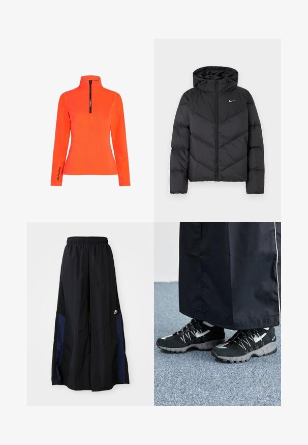 Black puffer jacket featuring a zip closure and a hood. Chevron pattern on the body, with a small white logo on the chest. Smooth texture.; Bright orange fleece pullover with a high collar and half zip. Features black zipper and "Polartec" logo on the cuff. Smooth texture.; Black wide-leg pants made of lightweight fabric, featuring a navy blue side panel and an elastic waistband. Small white logo on bottom.; Black athletic shoes with a textured upper, silver accents, and a patterned outsole, paired with a black long garment. Set against blue carpet.