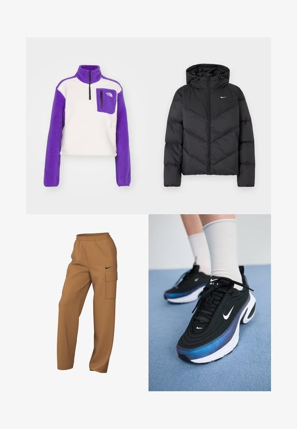 Černá péřová bunda s zipovým zapínáním a kapucí. Chevron vzor na těle, s malým bílým logem na hrudi. Hladká textura.; The North Face YUMIORI ¼ ZIP - Fleecová mikina - white dune/peak purple/black; Hnědé cargo kalhoty vyrobené z látky, s dvěma bočními kapsami a elastickým pasem s černým logem. Rovný střih.; Černé tenisky Nike s hladkým textilním svrškem, s přechodem barev od modré k černé, bílou podešví a výraznými akcenty loga.