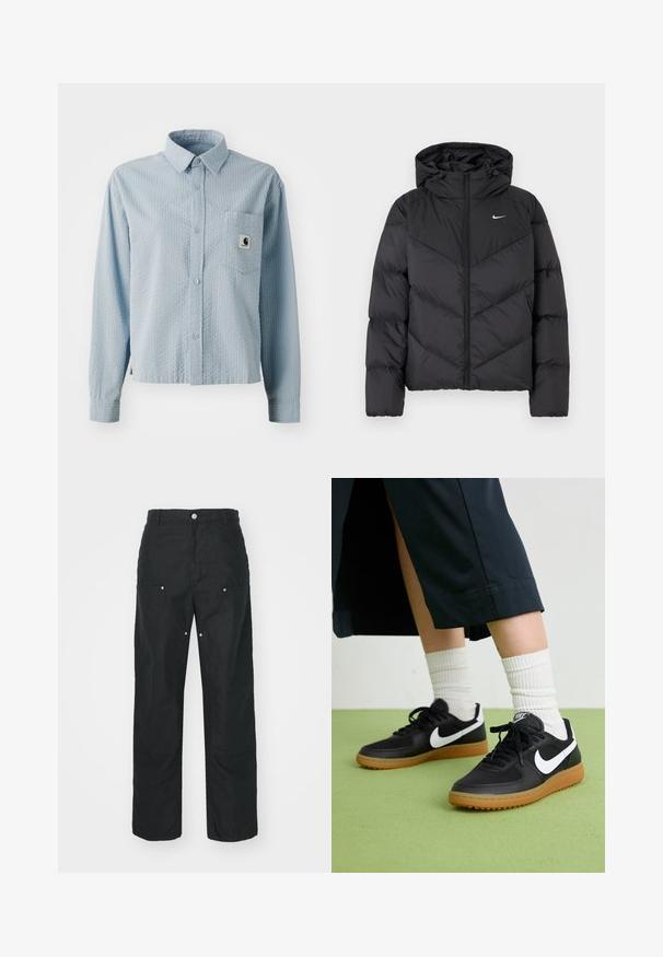 Black puffer jacket featuring a zip closure and a hood. Chevron pattern on the body, with a small white logo on the chest. Smooth texture.; Light blue, long-sleeve button-up shirt with a textured pattern, a chest pocket, and a branded label on the pocket. Made from woven fabric.; Black trousers with a straight-leg design, made of a textured fabric. Features decorative silver hardware and unique seam detailing.; Black leather and synthetic sneakers with white Nike swoosh, rubber gum sole, round toe, and black laces. Ribbed white socks visible.