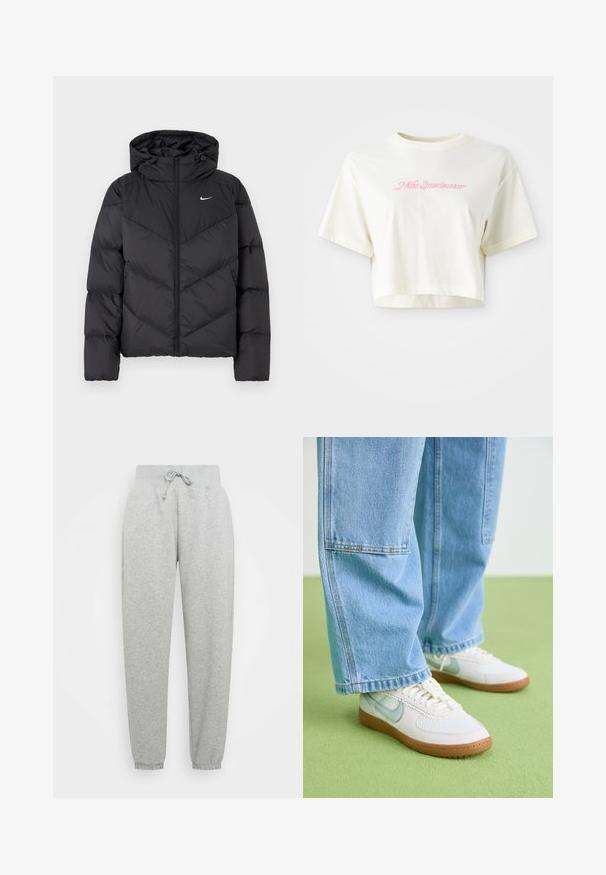 Melna pūka jaka ar rāvējslēdzēju un kapuci. Ķermeņa daļā ir chevron raksts, ar mazu baltu logo uz krūtīm. Gluda tekstūra.; Izgriezta, krēmkrāsas T-kreklu, kas izgatavots no kokvilnas. Piedāvā rozā izšūtu logotipu ar uzrakstu "Nike Sportwear". Īsas piedurknes un apaļa izgriezuma kakla vieta.; Pelēki treniņbikses ar elastīgu jostasvietu, regulējamu saiti un ribotām piedurknēm. Izgatavotas no mīksta auduma; ar divām sānu kabatām.; Baltas sporta apavi ar gaiši ziliem akcentiem, teksturētu acs augšdaļu un brūnu gumijas zoli, kombinēti ar brīviem gaiši ziliem džinsiem.