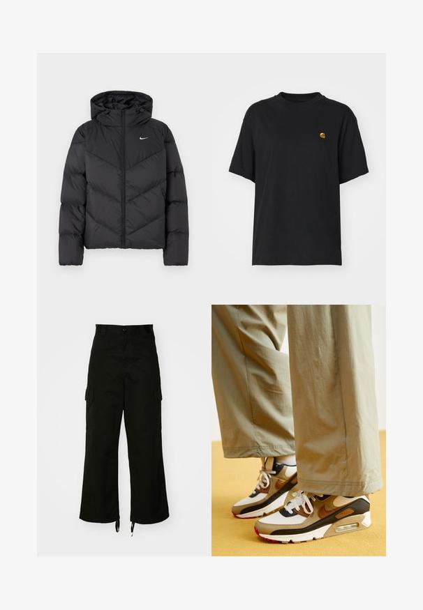 Musta puhvijakku, jossa on vetoketjukiinnitys ja huppu. Chevron-kuvio kehossa, pieni valkoinen logo rinnassa. Sileä pinta.; Musta puuvillapaita rentolla leikkauksella. Korostaa pyöreää kaula-aukkoa ja lyhyitä hihoja. Sisältää pienen kultavärisen brodeeratun logon rinnassa.; Mustat cargo-housut, jotka on valmistettu puuvillasta. Niissä on leveät lahkeet, sivutaskut ja nyörikujat lahkeissa. Mallissa on nappikiinnitys vyötäröllä.; Nike Sportswear AIR MAX 90 - Matalavartiset tennarit - phantom/light british tan/black/fire red/khaki/sail