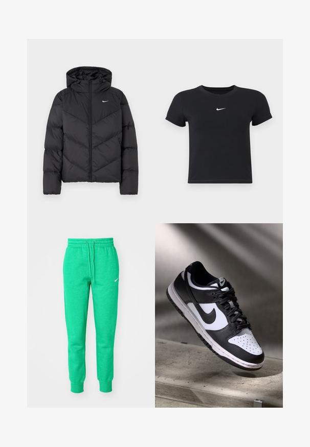 Casaco puffer preto com fecho de correr e capuz. Padrão em zigue-zague no corpo, com um pequeno logotipo branco no peito. Textura suave.; T-shirt preta de manga curta feita de algodão, com decote redondo. Apresenta um logótipo branco da Nike no peito, design minimalista e corte ajustado.; Calças de fato de treino verdes em algodão, com cintura elástica e cordão, punhos justos e um pequeno logo branco na parte da frente.; Sapatilha Nike Dunk Low em preto e branco com parte superior em pele, caixa de biqueira perfurada e atacadores pretos, apresentando uma sola branca e detalhes em logótipos.