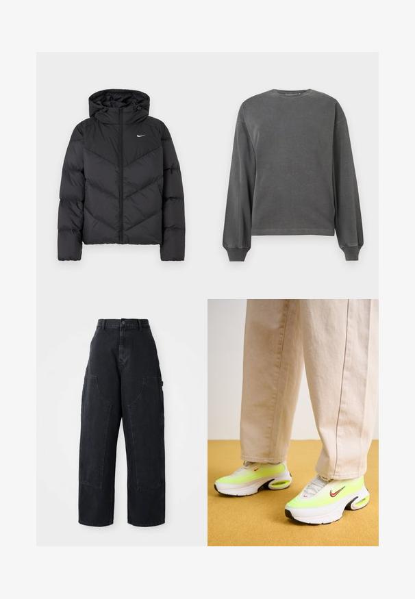 Fekete puffkabát, cipzáras záródással és kapucnival. A testen chevron mintázat, a mellen pedig egy kicsi fehér logó található. Simaszerű textúra.; Szürke, hosszú ujjú pulóver, kerek nyakkivágással, puha anyagból készült. Rugalmas mandzsetta és laza szabás jellemzi. Minimalista dizájn, minta nélkül.; Fekete, bő szárú, magas derekú farmernadrág, két nagy elülső zsebbel és gombos derékzárral. Simas textúra, hétköznapi dizájn.; Nike Sportswear AIR MAX PORTAL - Sportcipő - summit white/bright crimson/white/volt/black