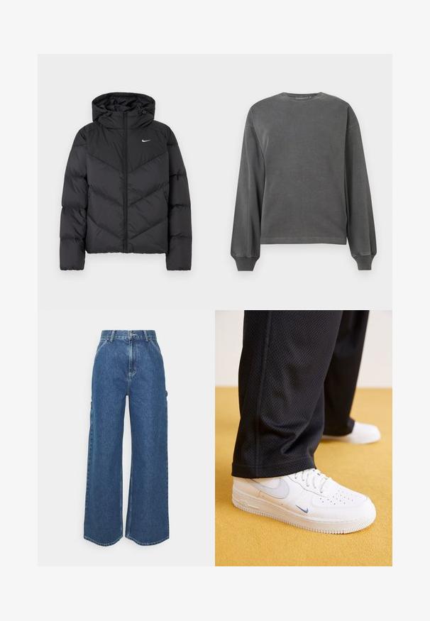 Svart puffjacka med dragkedja och huva. Chevron-mönster på kroppen, med en liten vit logotyp på bröstet. Slät textur.; Grå långärmad sweatshirt med rund halsringning, gjord av mjukt tyg. Har ribbade muddar och en avslappnad passform. Minimalistisk design utan mönster.; Breda ljusblå denimbyxor med hög midja, kontrasterande sömmar och sidofickor, som har en klassisk femficksdesign och råa kanter.; Vita lädersneakers med perforerat mönster, som har en ljusblå swoosh, matchade med svarta meshbyxor mot en gul golvyta.
