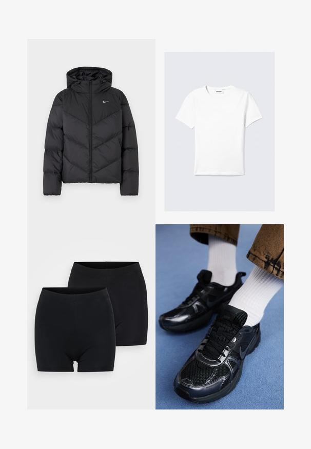 Musta puhvijakku, jossa on vetoketjukiinnitys ja huppu. Chevron-kuvio kehossa, pieni valkoinen logo rinnassa. Sileä pinta.; Valkoinen, lyhythihainen puuvillainen t-paita, jossa on pyöreä pääntie ja suora helma. Minimalistinen muotoilu ilman näkyviä kuvioita tai koristeita.; Kaksi paria mustia puuvillahousuja, joissa on sileä pinta, yksinkertainen saumaton vyötärö ja keskipitkä pituus reiden puoliväliin.; Mustat Nike-tennarit, joissa on verkkokangas- ja synteettisiä materiaaleja, teksturoitu päällinen, mustat nauhat ja kestävät kumipohjat. Valkoiset ribbineulotut sukat näkyvissä.