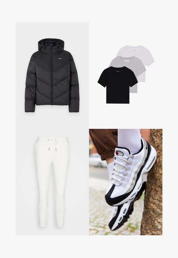 Must must jacket, milleluku ja kapuutsiga. Keha chevron muster, rinnal väike valge logo. Sujuv tekstuur.; Kollektsioon kolm lühikese varrukaga T-särki mustas, hallis ja valges värvitoonis. Valmistatud puuvillast, ümmarguse kaelusega ja lihtsa, ühevärvilise disainiga.; Valged dressipüksid pehmest kangast, millel on nööriga vöökoht, kaks küljetaskut ja kitsenev lõige, ilma nähtavate mustrite või aktsendita.; Valged ja mustad võrgusneakerid sujuva hõbedase aktsendiga, millel on ümar varvas, nööridega kinni tõmbamine ja pehme tallaga.