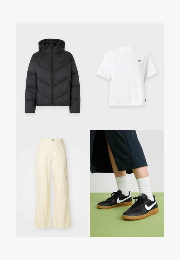Black puffer jacket featuring a zip closure and a hood. Chevron pattern on the body, with a small white logo on the chest. Smooth texture.; White cotton t-shirt with a relaxed fit, featuring a small logo patch on the chest and a tag on the side for added detail.; Wide-leg cargo pants in light yellow cotton. Features two side pockets and a button closure. Smooth texture with a relaxed fit.; Black leather and synthetic sneakers with white Nike swoosh, rubber gum sole, round toe, and black laces. Ribbed white socks visible.