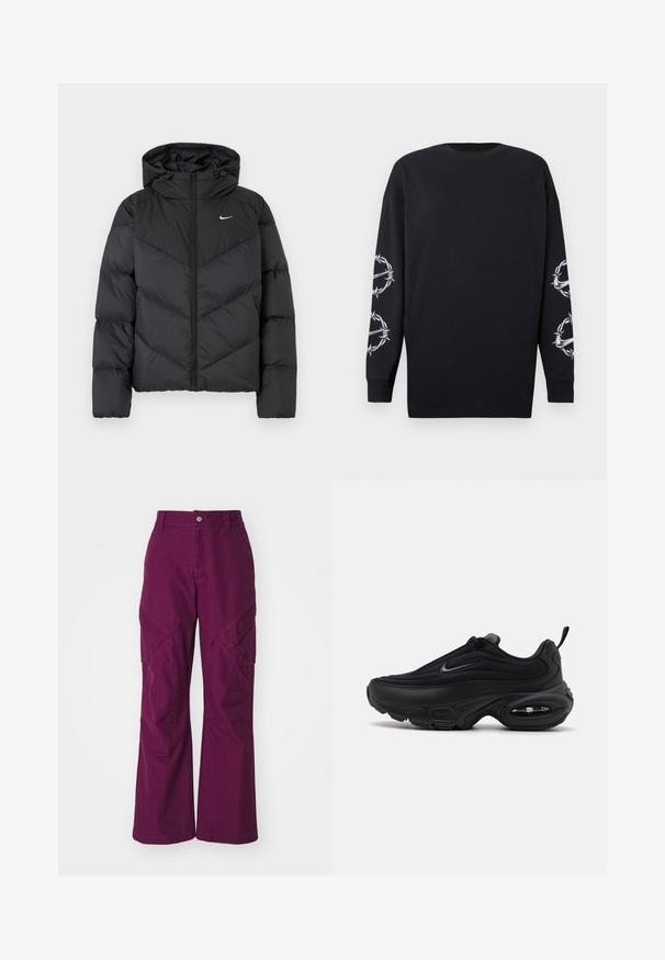 Crni puffer kaput s patentnim zatvaračem i kapuljačom. Chevron uzorak na tijelu, s malim bijelim logotipom na prsima. Glatka tekstura.; Crna majica dugih rukava s okruglim izrezom, koja na obje rukave sadrži bijele grafike od bodljikave žice i trnja.; Ljubičaste cargo hlače s opuštenim krojem. Sadrže bočne džepove, zatvaranje na dugme i glatku pamučnu teksturu. Široke nogavice.; Crne sportske cipele s glatkom, teksturiranom gornjom površinom. Imaju okrugli vrh, podstavljeni ovratnik i vidljivo zračno jastučenje u potplatu.